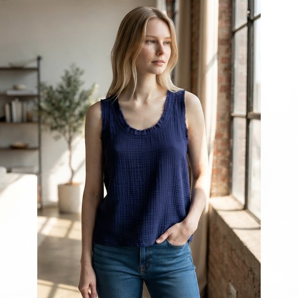 Three Dots Womens Navy Blue Cotton Double Gauze Raw Edge Tank Top Small TD004862
